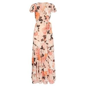 NWT Eliza J Sz 0P Peach Floral Faux Wrap Ruffled Flutter Sleeves Maxi Dress‎